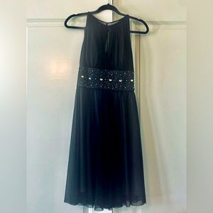 Classic black dress, keyhole front/back, beaded waistband, party/wedding guest
